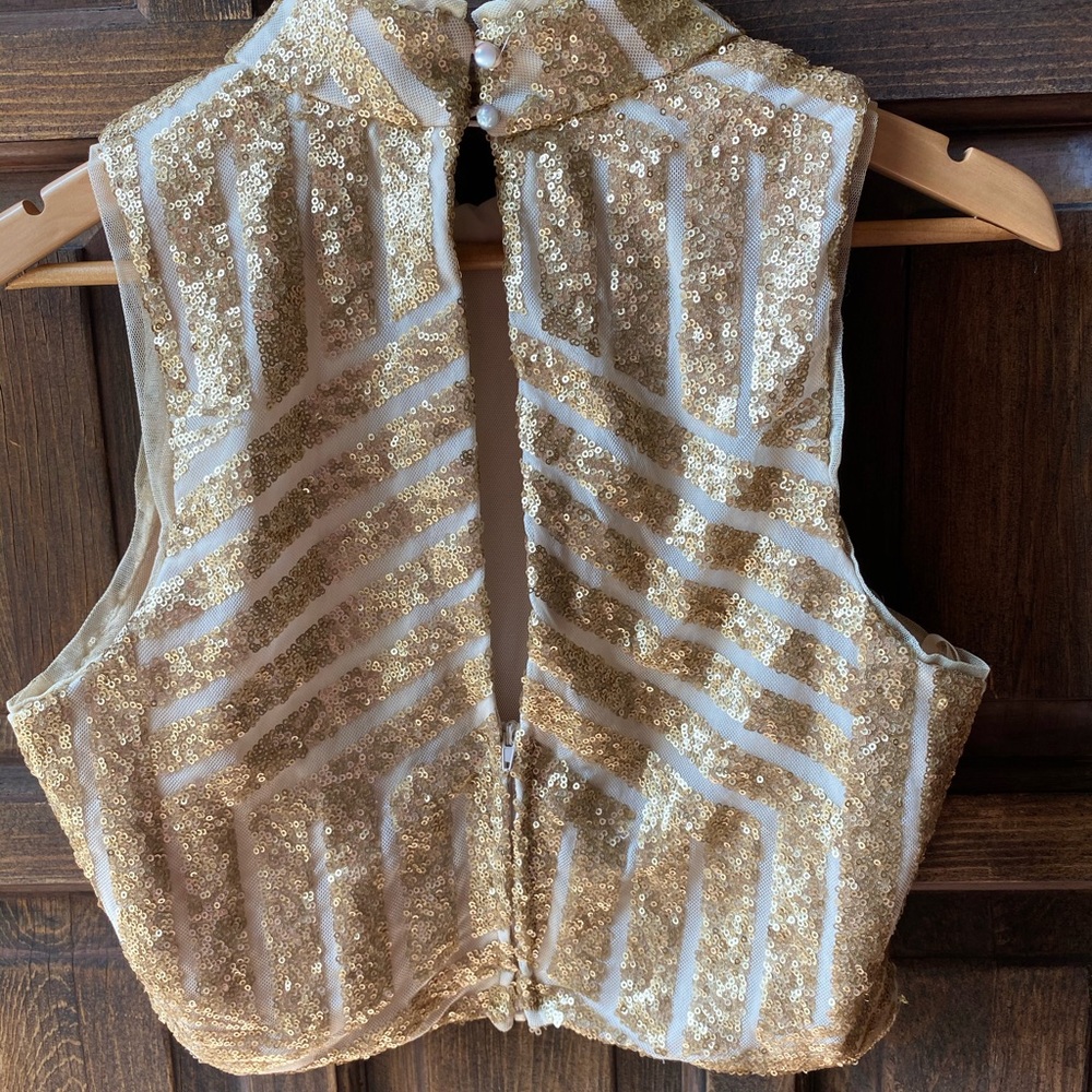 Social Code Gold Shiny Sequined Open Back Crop Top - image 3